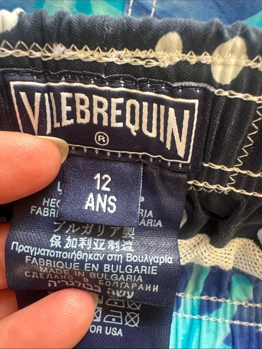 Vilebrequin Navy Swim Trunks with Aqua and Teal Floral Print